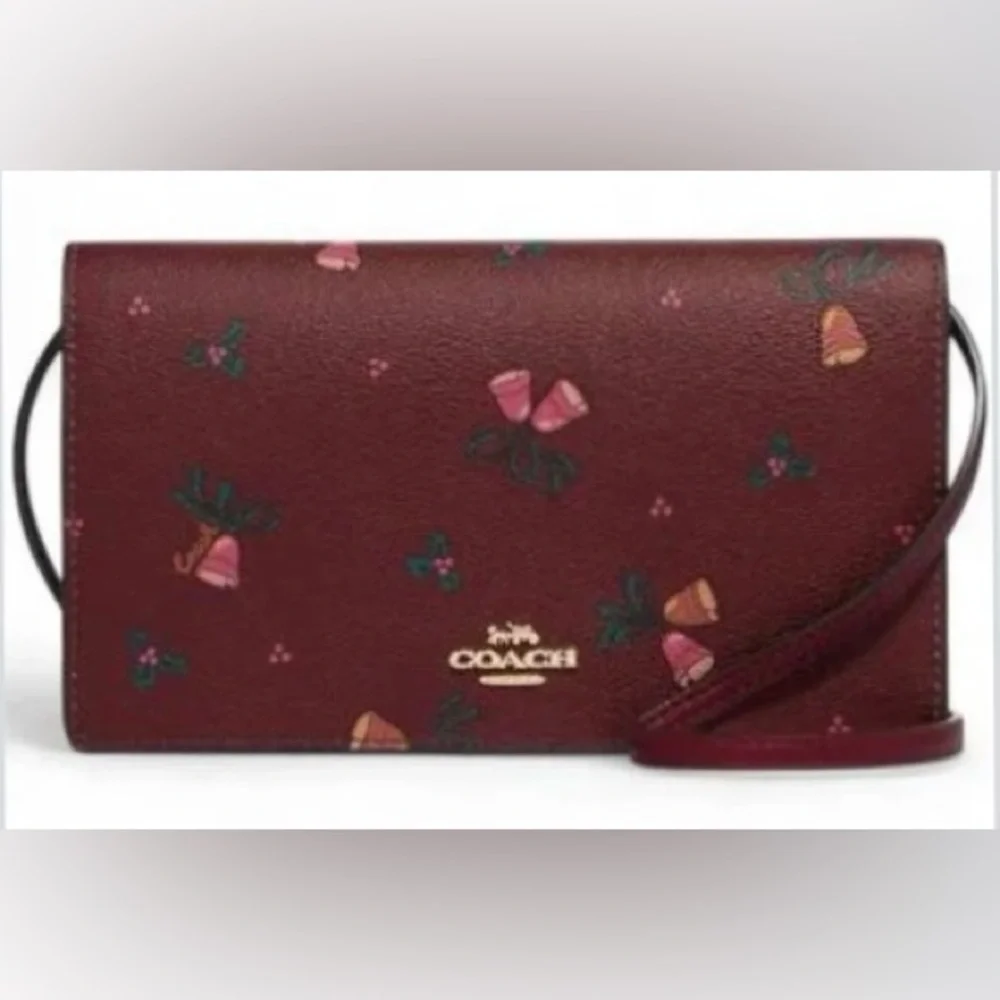 HP x 2 Coach Anna Fold Over Crossbody Clutch Bag Limited Holiday Bells Print NWT